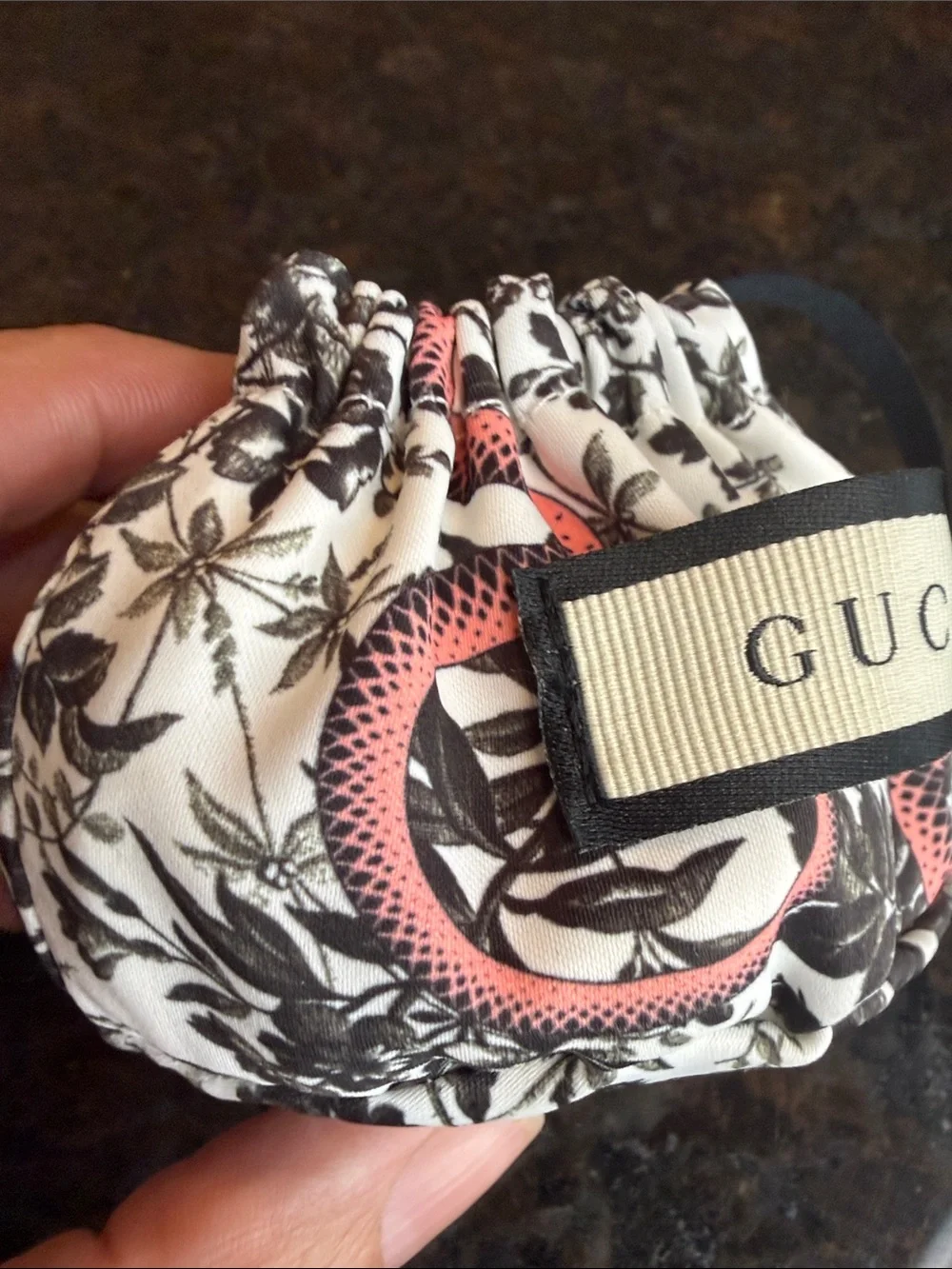 Source Unknown GG Cream Drawstring  Pouch with Pink Snake and Black Floral Print